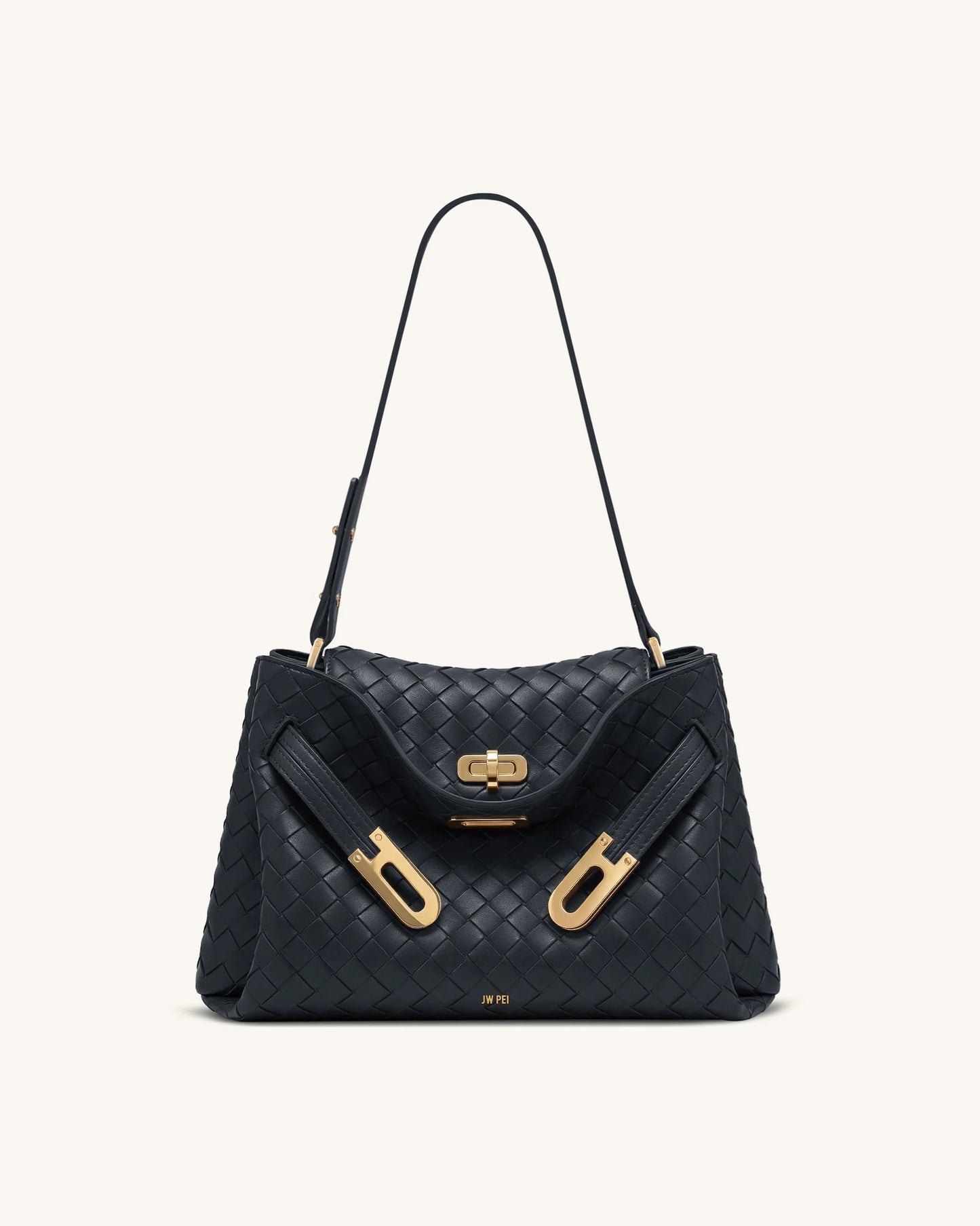 Rhea Woven Texture Double Buckle Shoulder Bag - Navy Blue