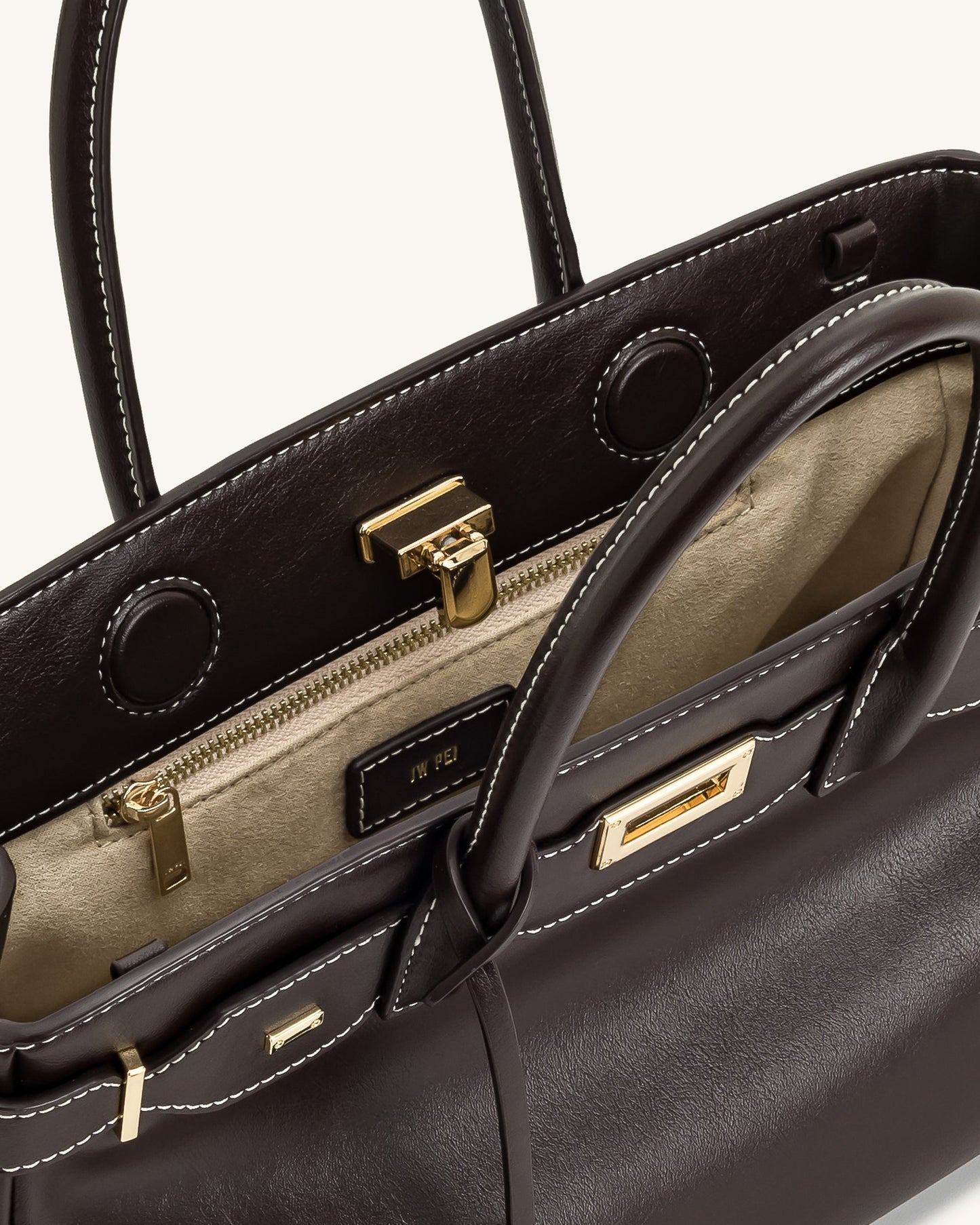 Ziva Metal Lock Decoration Tote Bag - Dark Brown