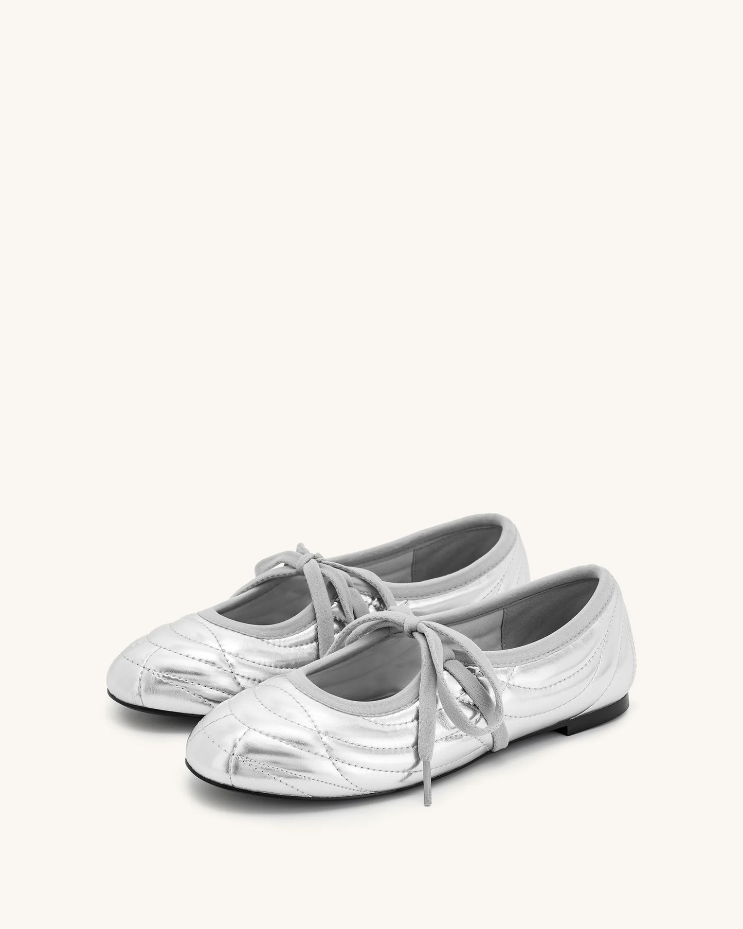 Erika Topstitching Lace-up Ballet Flats - Silver