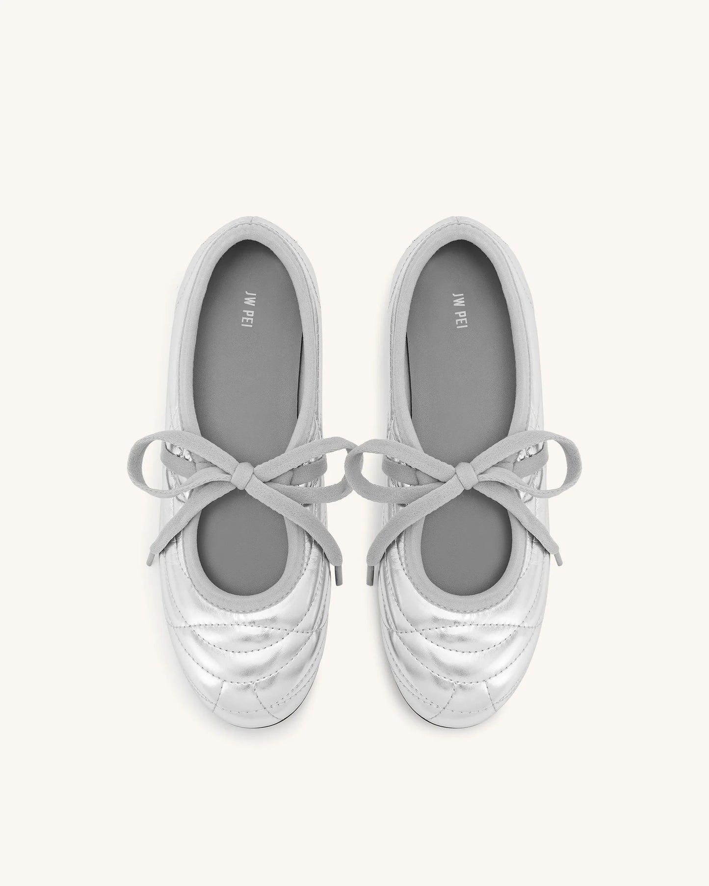 Erika Topstitching Lace-up Ballet Flats - Silver
