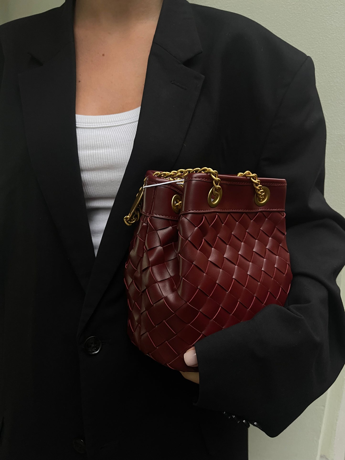 Yara Hand-Woven Bucket Bag - Burgundy