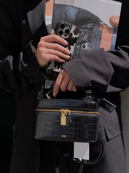 Cleo Box Shape Top Handle Bag - Black Croc