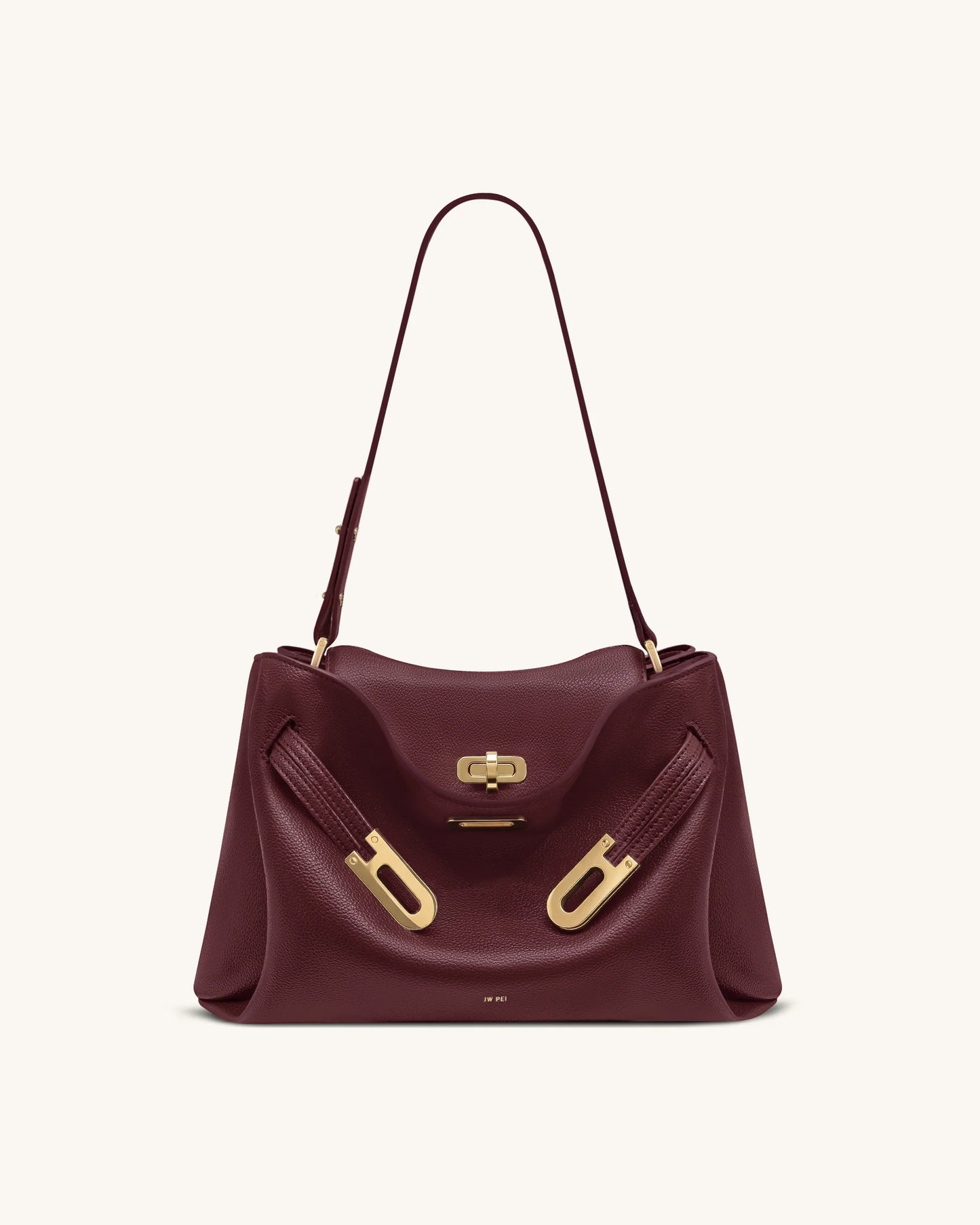 Rhea Pebbled Double Buckle Shoulder Bag - Dark Burgundy