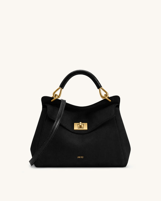 Lucia Classic Faux Suede Top Handle Bag - Black