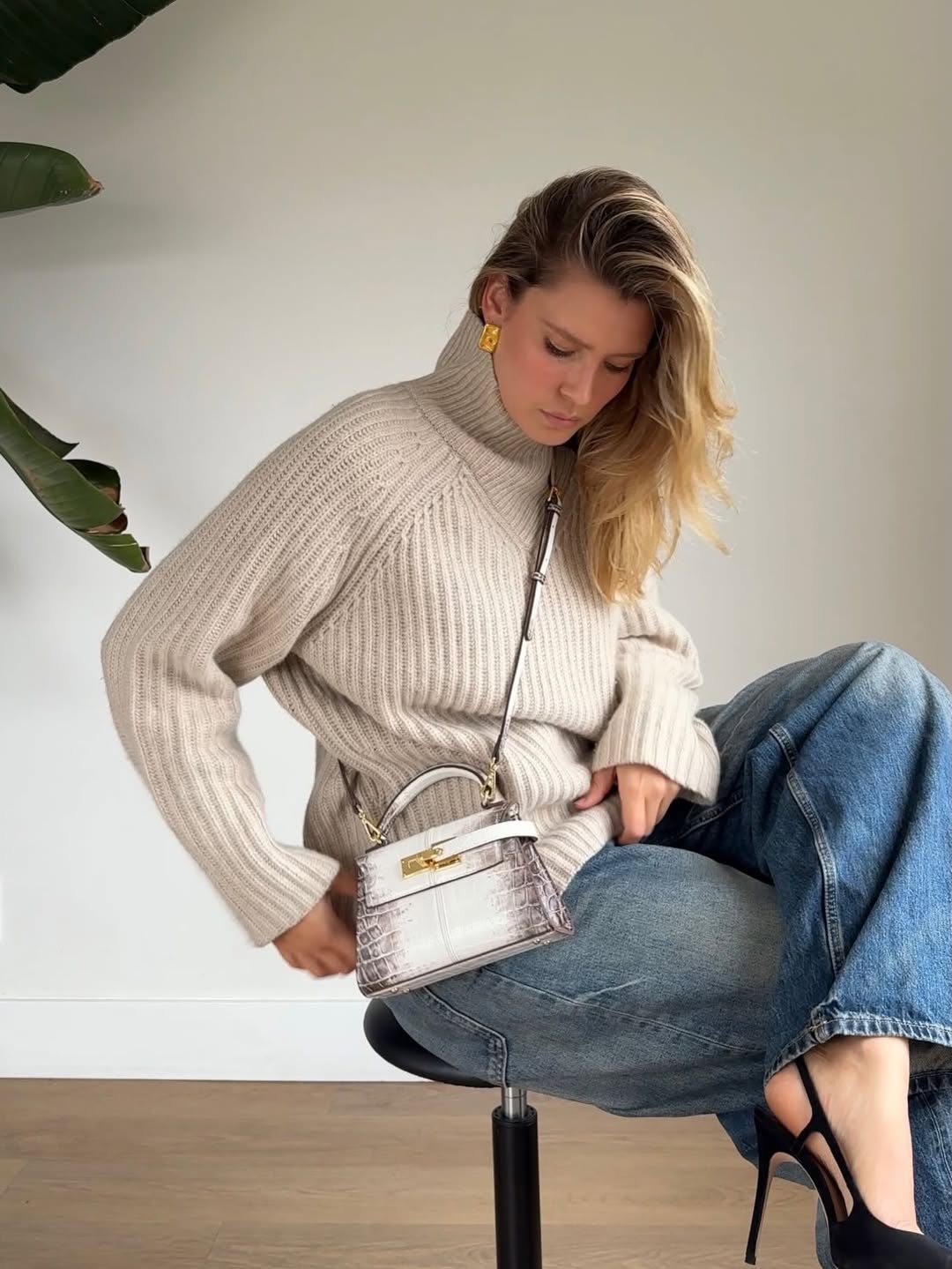 Elise Top Handle Bag - White Croc