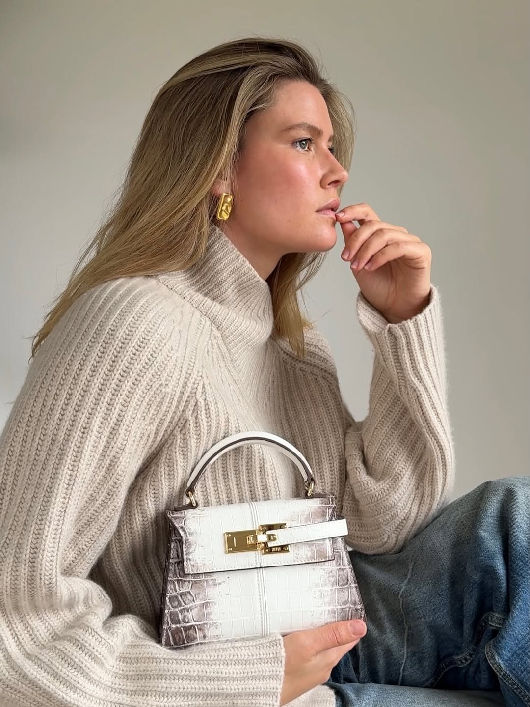 Elise Top Handle Bag - White Croc