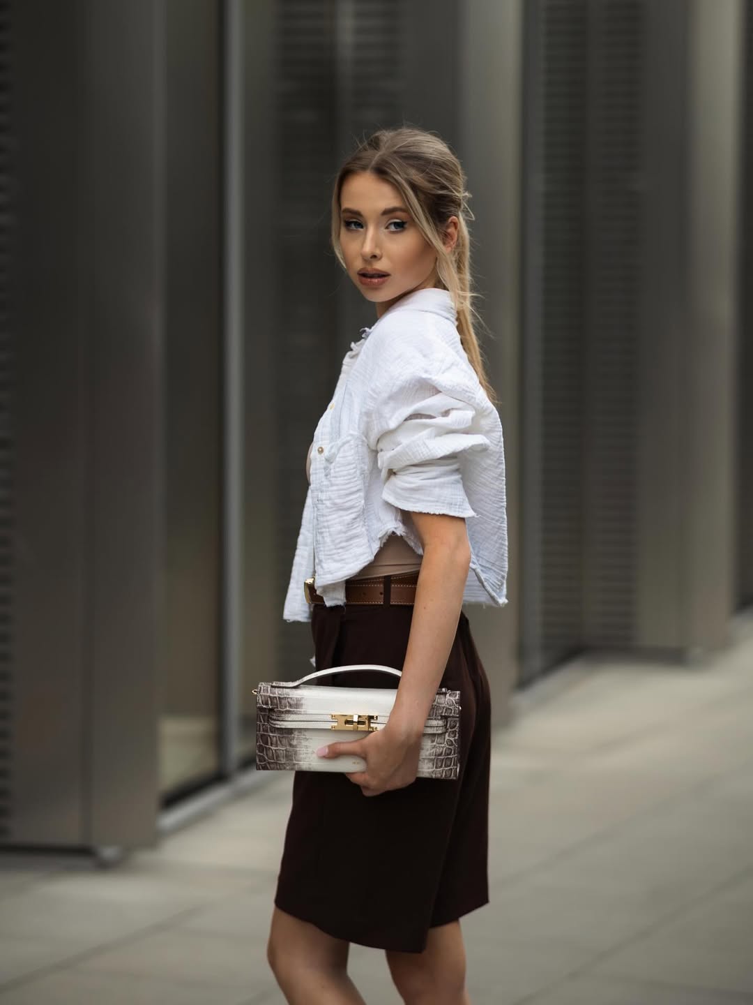 Bria Structured Top Handle Bag - White Croc