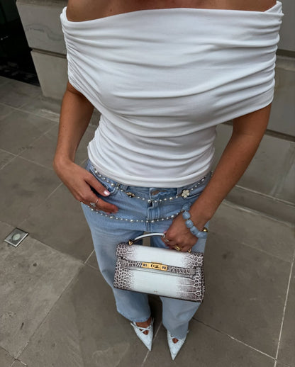 Noor Top Handle Bag - White Croc