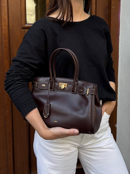 Ziva Metal Lock Decoration Tote Bag - Dark Brown