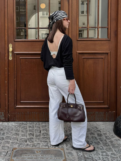 Ziva Metal Lock Decoration Tote Bag - Dark Brown