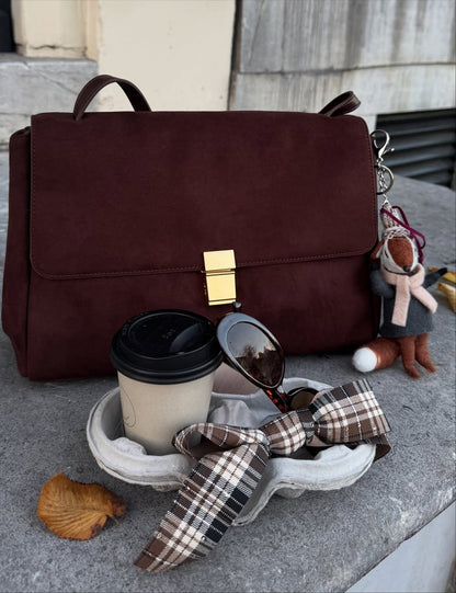 Hilary Faux Suede Shoulder Bag - Dark Brown
