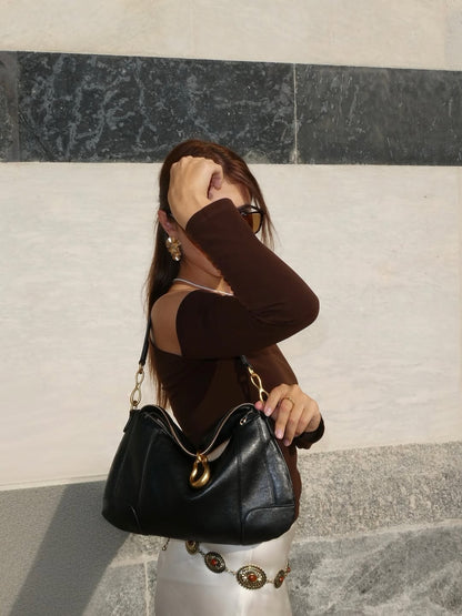 Jayla Metal Pendant Embellished Shoulder Bag - Black