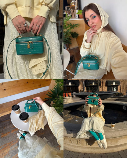 Cleo Box Shape Top Handle Bag - Green Croc