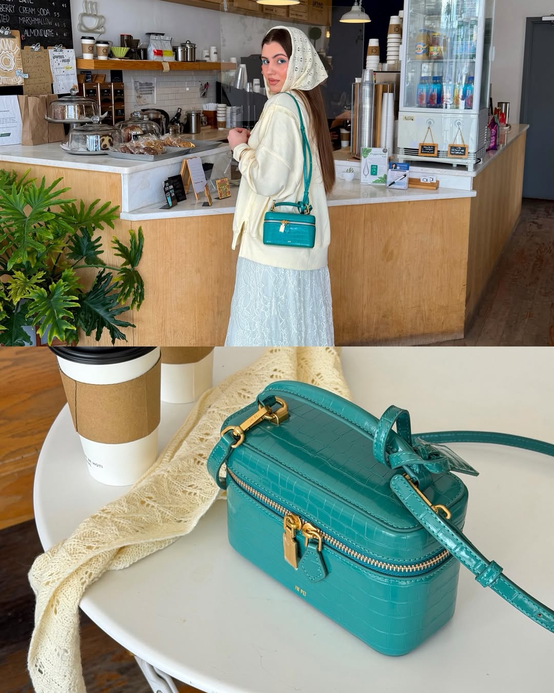 Cleo Box Shape Top Handle Bag - Green Croc