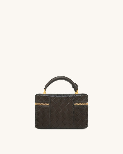 Cleo Woven Texture Box Shape Top Handle Bag - Dark Brown