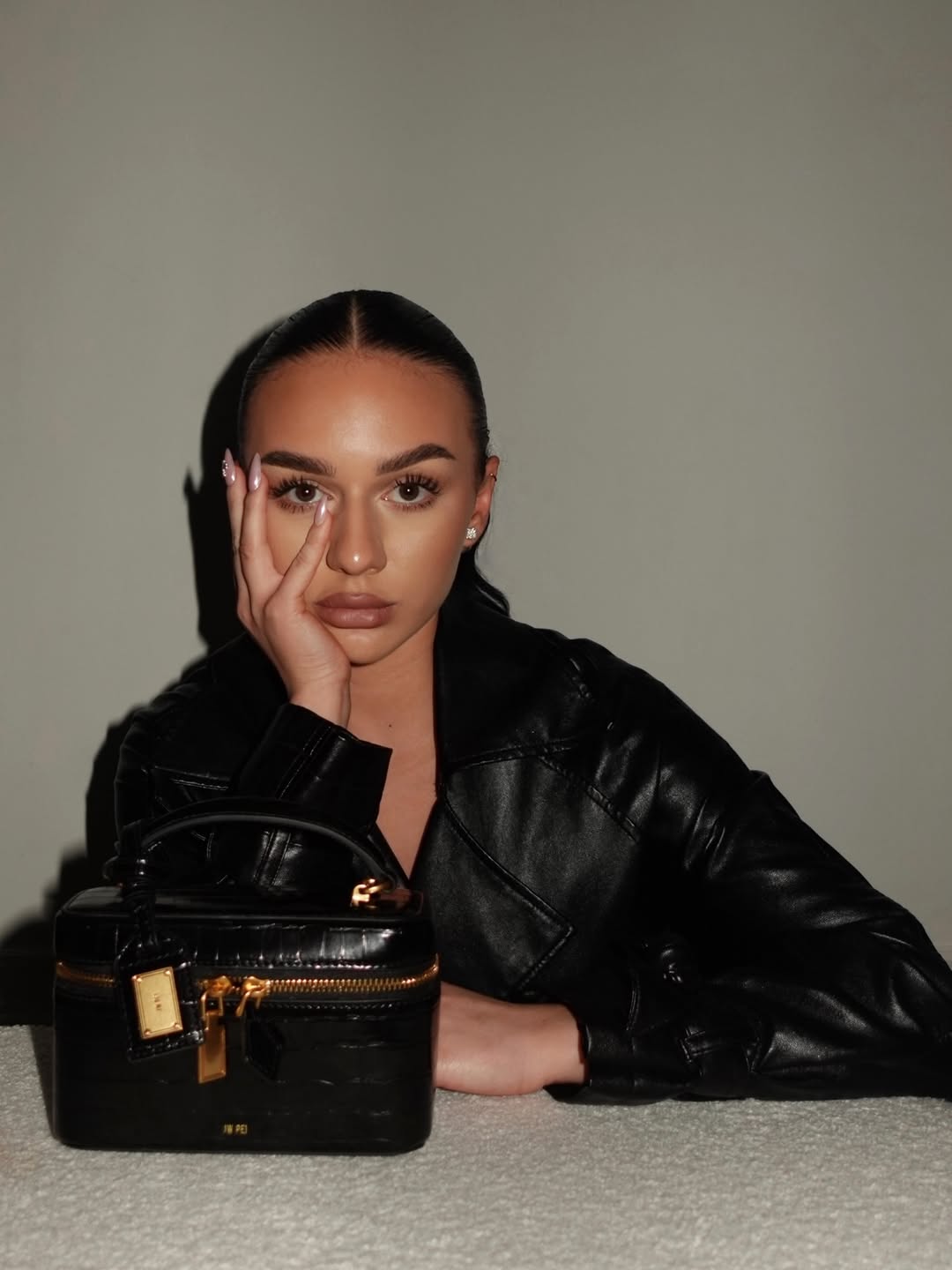 Cleo Box Shape Top Handle Bag - Black Croc