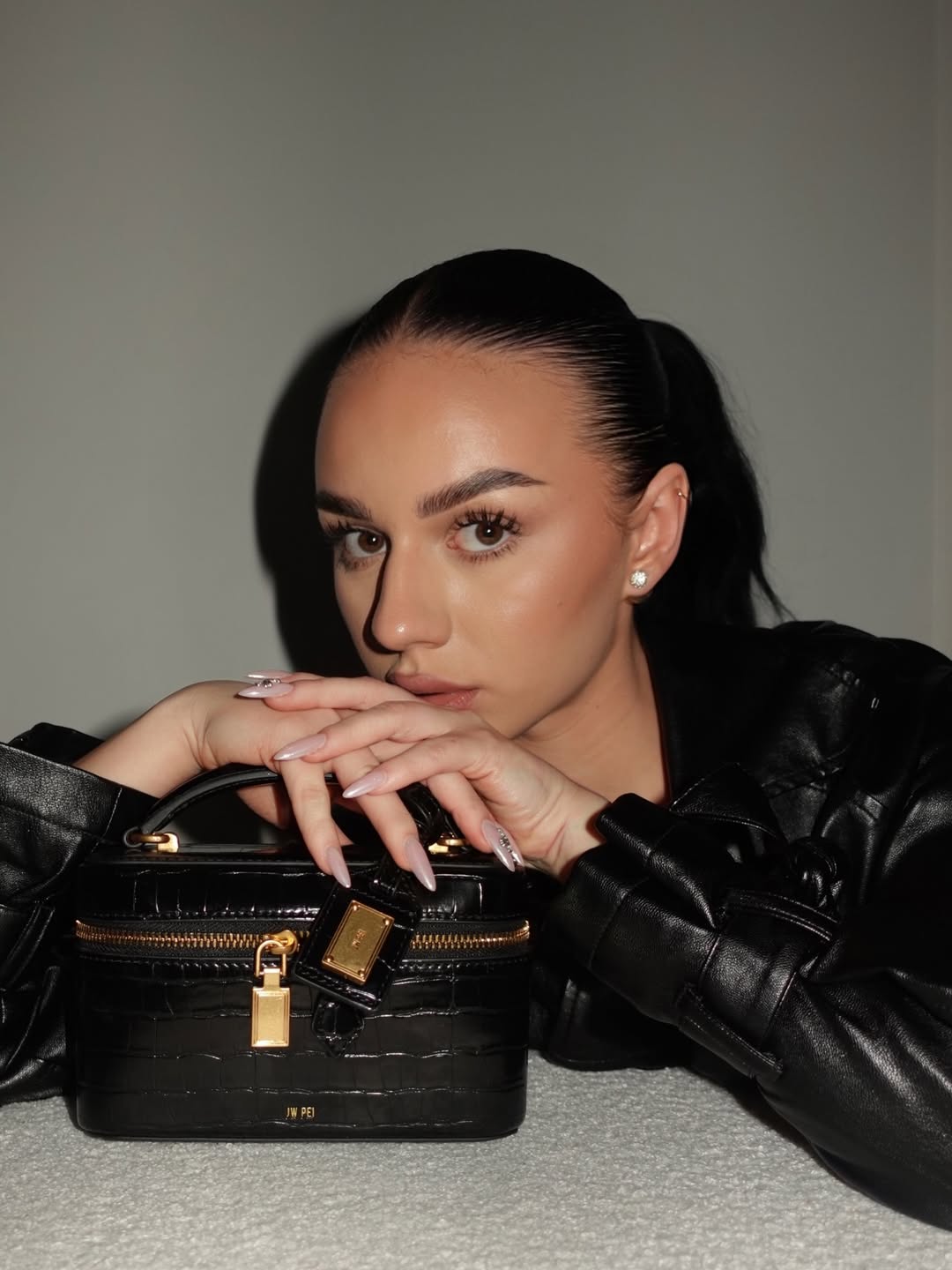 Cleo Box Shape Top Handle Bag - Black Croc