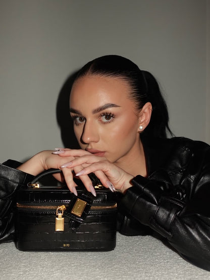 Cleo Box Shape Top Handle Bag - Black Croc