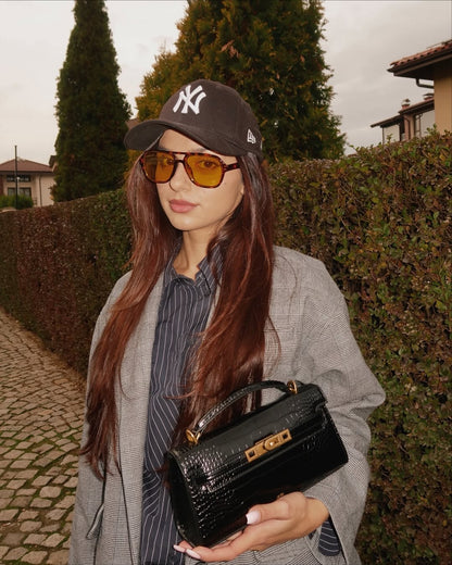 Noor Top Handle Bag - Black Croc