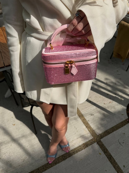 Cleo Artificial Crystal Box Shape Top Handle Bag - Pink