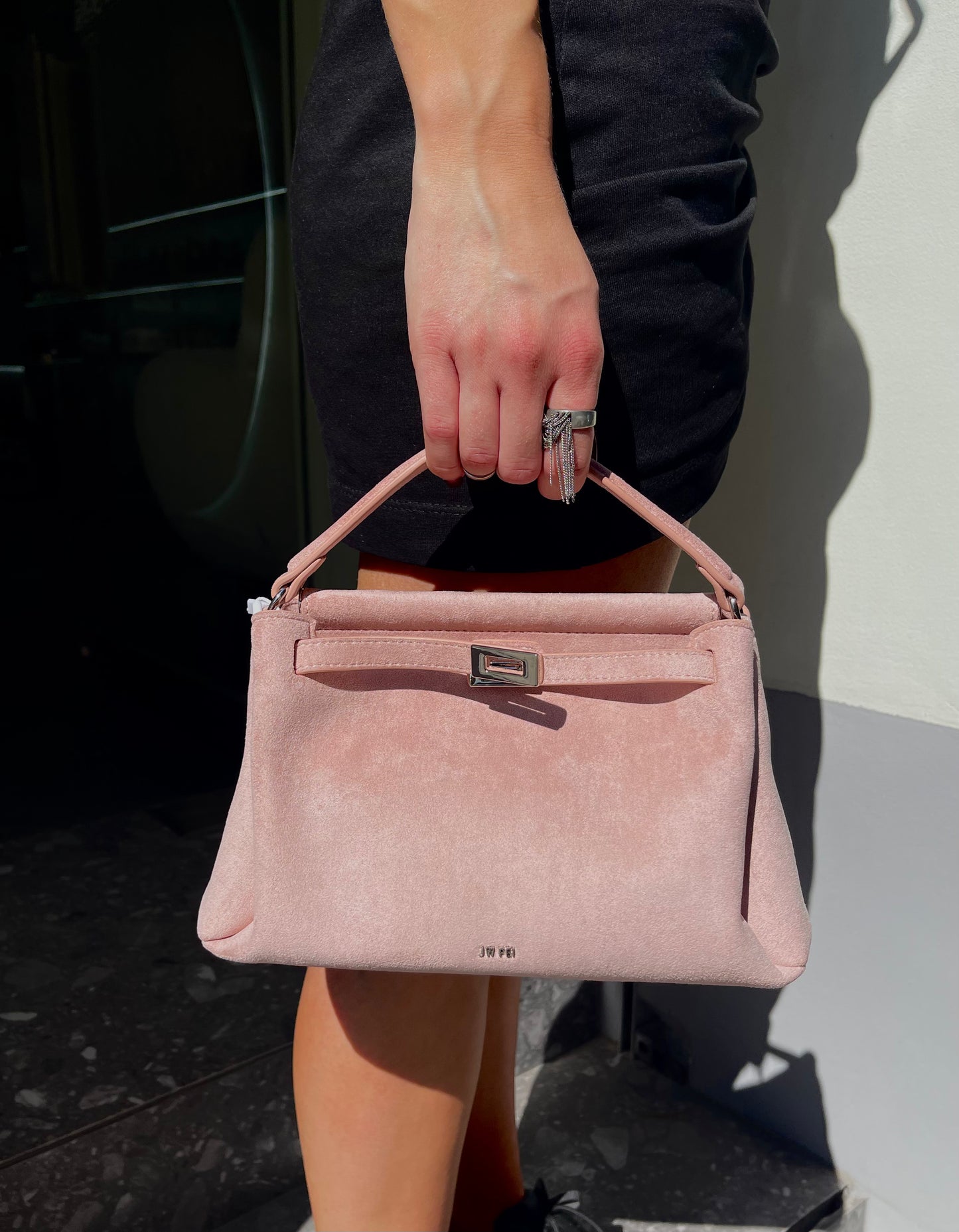 Carmen Faux Suede Top Handle Bag - Gray Pink