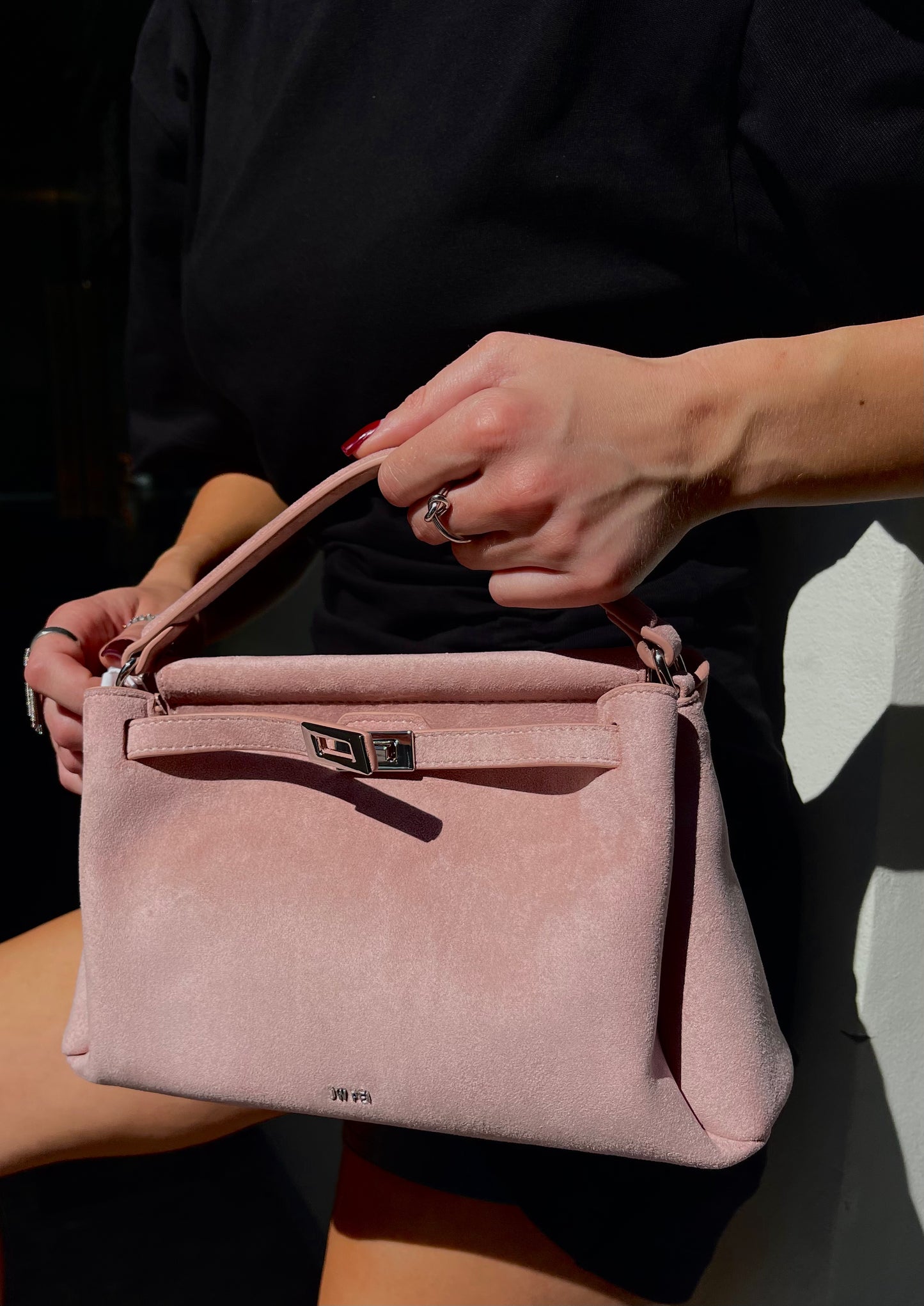 Carmen Faux Suede Top Handle Bag - Gray Pink