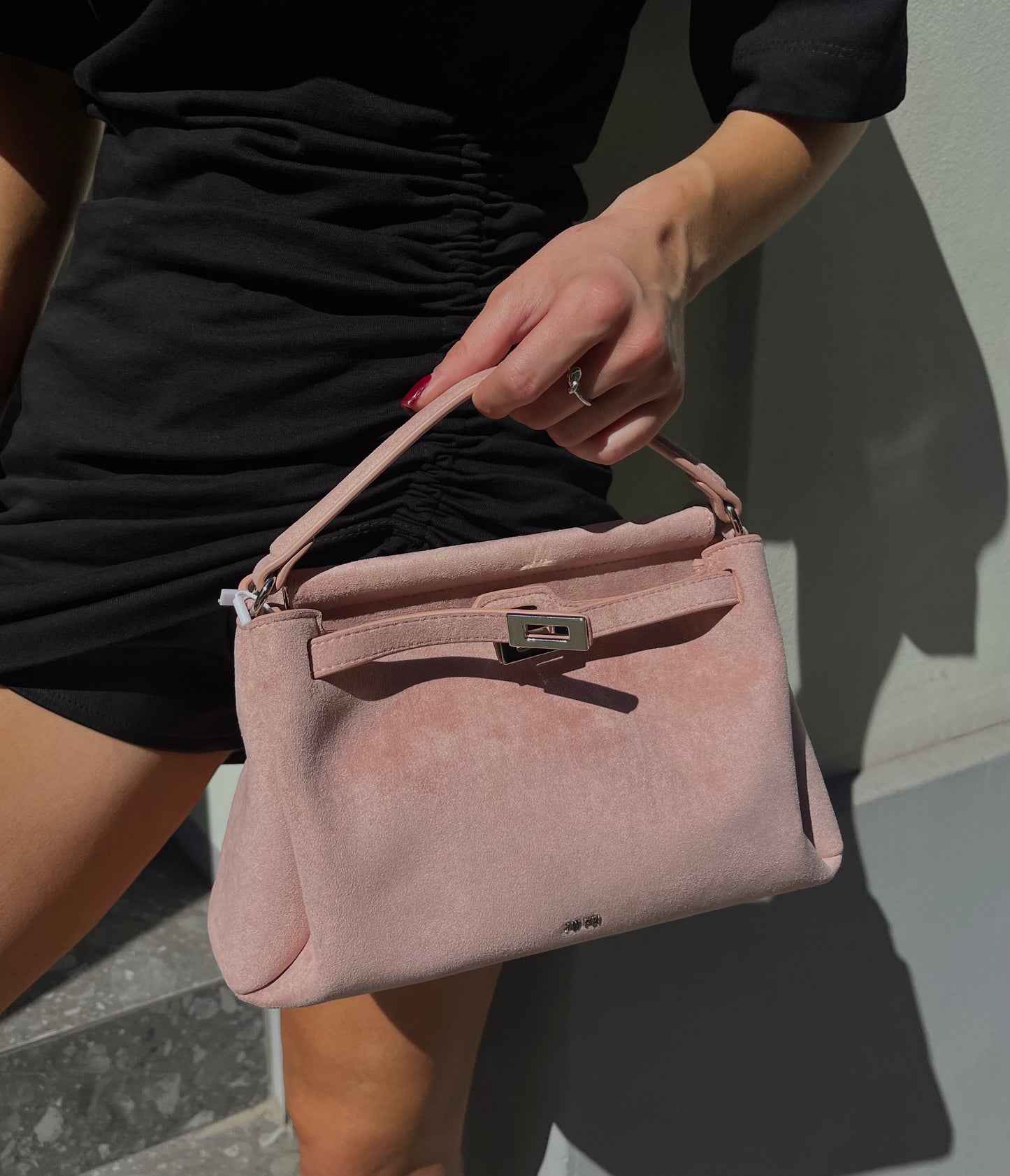 Carmen Faux Suede Top Handle Bag - Gray Pink