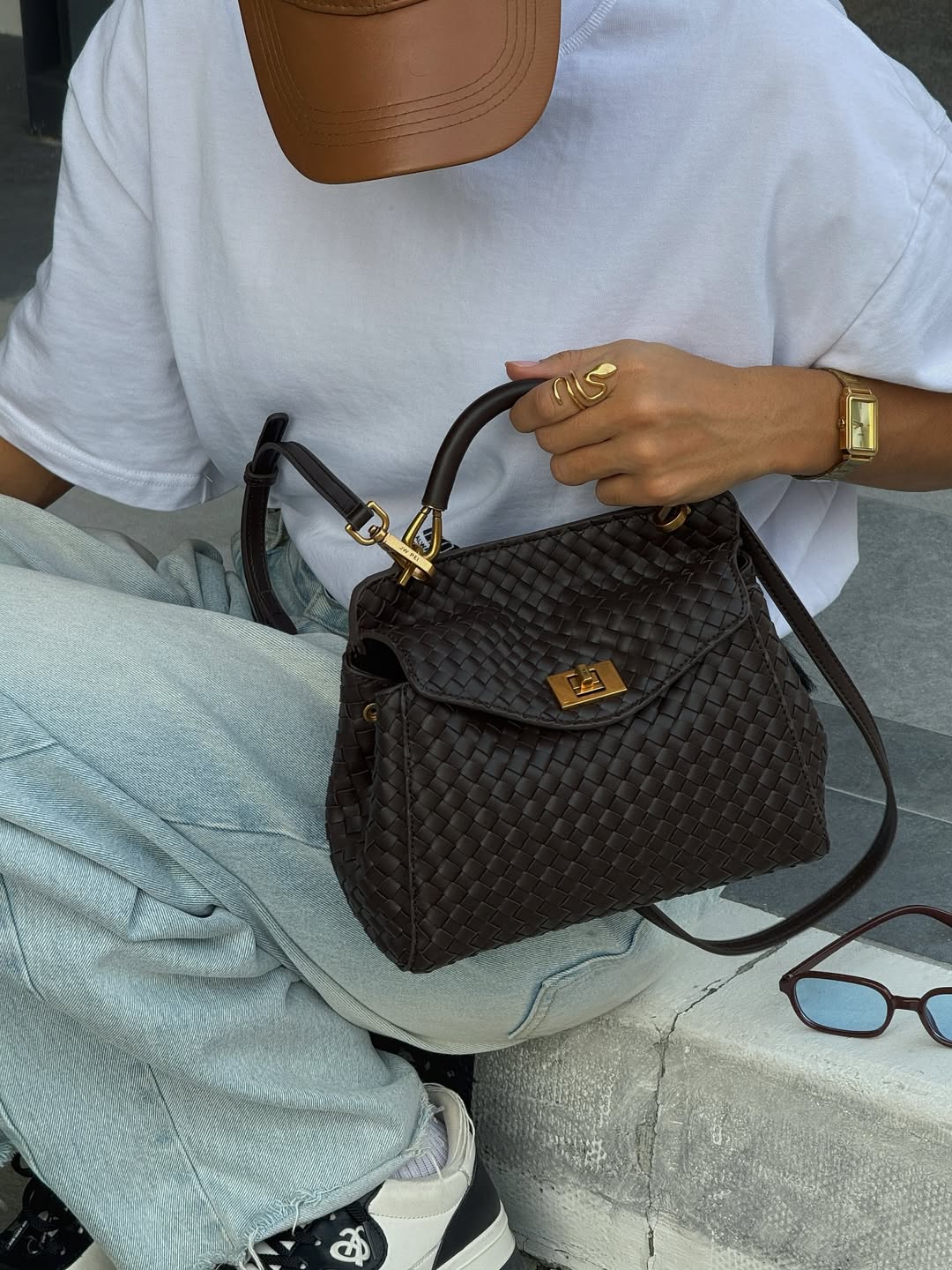 Lucia Classic Top Handle Woven Bag - Dark Brown