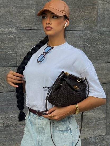 Lucia Classic Top Handle Woven Bag - Dark Brown